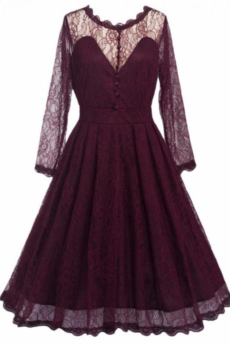 Elegant Lace Patchwork Ball Gown Long Sleeve Vintage Style Dress