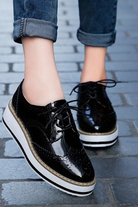  Women Platform Oxfords Brogue Patent Leather Flats Lace Up Shoes 