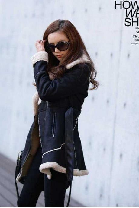 Blue Fall and Winter Belted Suede Leather Jacket Winter Coat