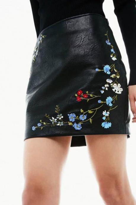 Leather Black A Line Floral Embroidery Skirt