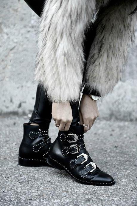 Chic Black Leather Studded Motorcycle Boots