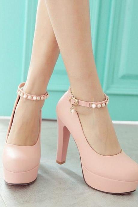 Gorgeous Pink pearl Beaded Ankle Strap High Heels Fashion Shoes