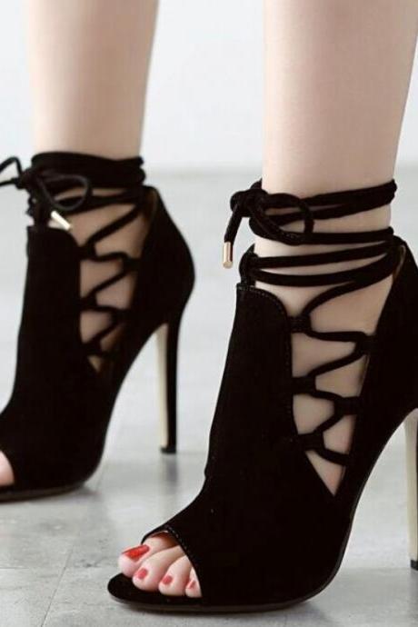Sexy Black Lace up High Heels Peep toe Fashion Sandals