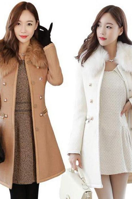 Autumn and Winter Wool Blend Trench Coat with Faux Fur