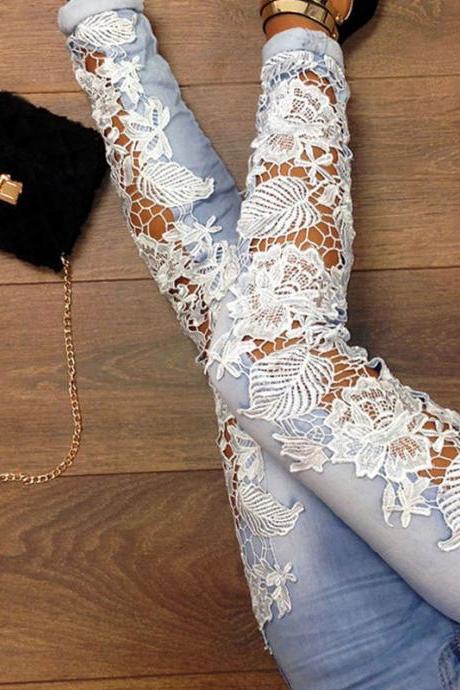 Sexy Denim pants With Lace Detail