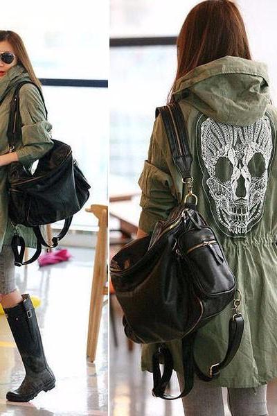 Women Back Skull Design Army Green Loose Parka Jacket