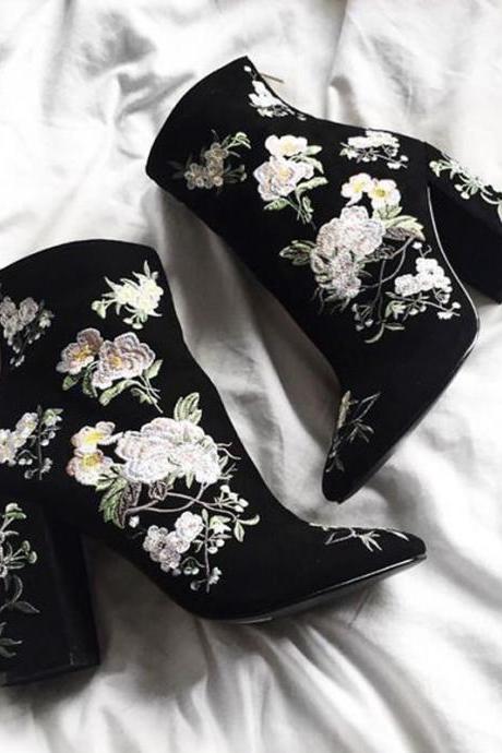 Floral Embroidered Black Suede Pointed Toe Ankle Boots