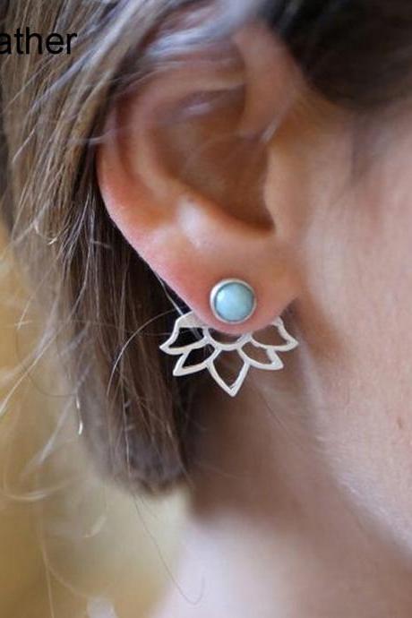  Gold Silver Color Hollow Out Flower Stud Earring Blue Turquoise Earrings
