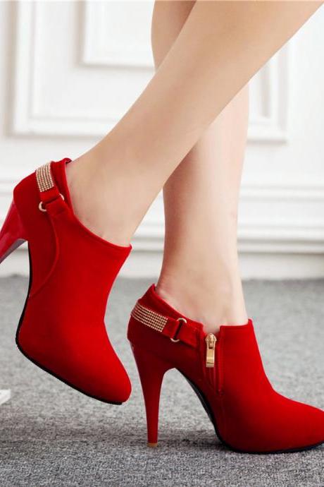 Classy Suede Crystal Rivet High heels Ankle Boots