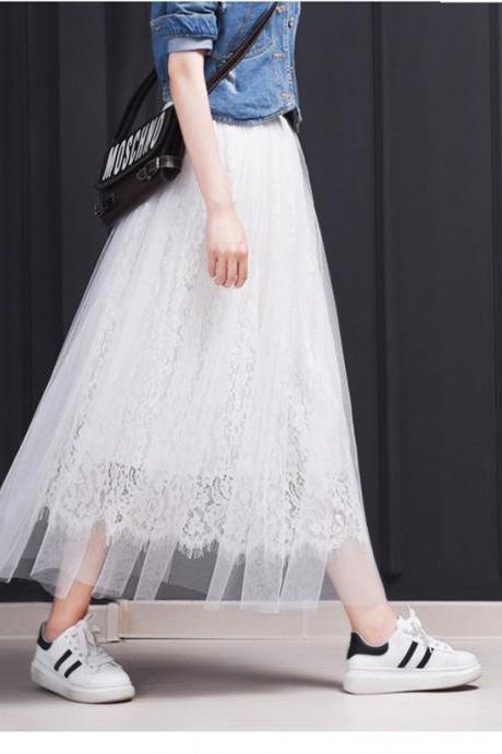 Vintage Style Lace and Mesh Long Skirts in Black and White