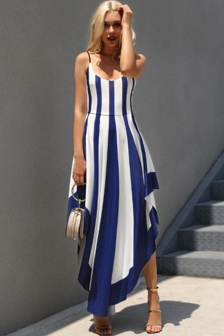 Elegant Blue And White Striped Asymmetrical Hem Party Dress