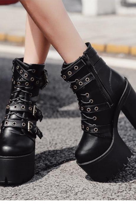 Leather Rivet Platform Black Ankle Boots