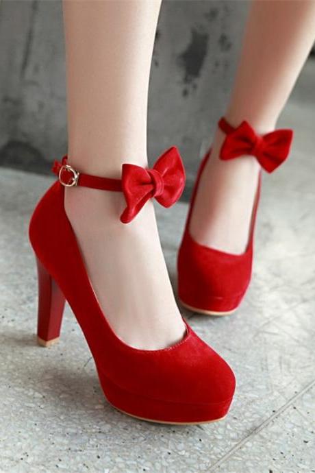 Red and Black Bow Strap Party High Heels Shoes
