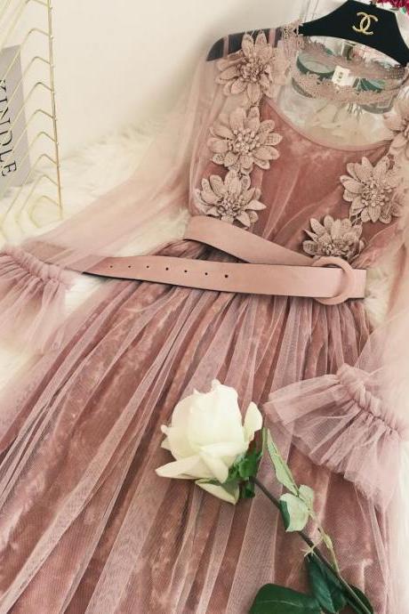 Elegant Velvet And Lace Long Sleeve Party Dresses