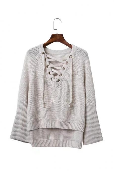 Front Lace Up Long Sleeve V Neck Knitted Sweater