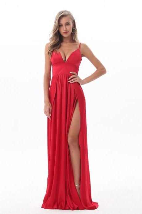 Sexy Red V Neck Long Dress With Slit