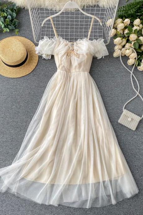Elegant Ruffled Mesh Lace Long Dress