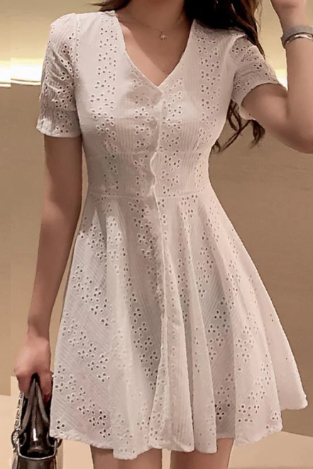 V Neck Casual White Lace Summer Dress
