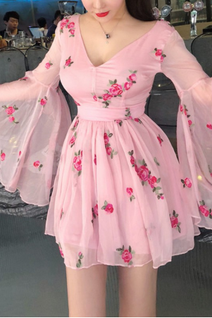 Summer Flower Embroidery Light Pink Dress