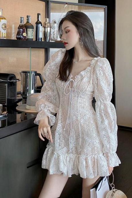 Beautiful V Neck Lace Backless Long Sleeve Party Dress