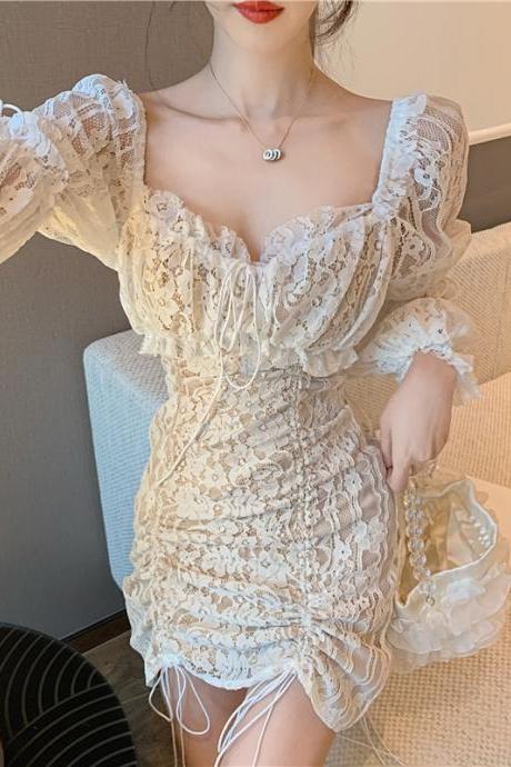 Sexy Bodycon Puff Sleeve Lace Dress