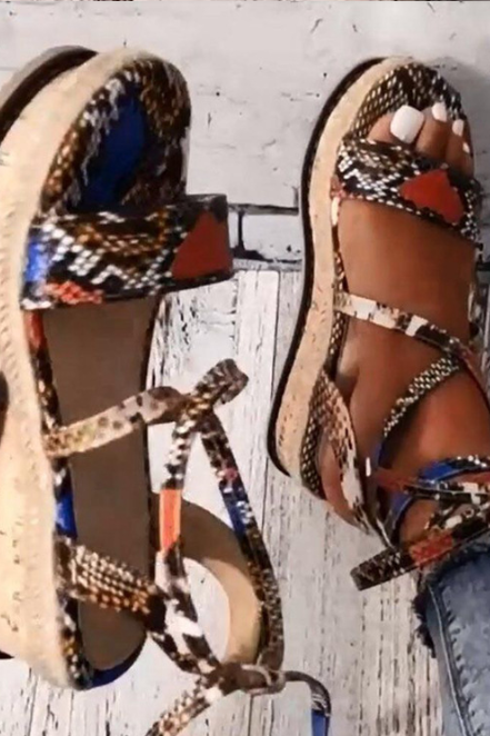 Summer Lace up Snake Pattern Wedge Sandals