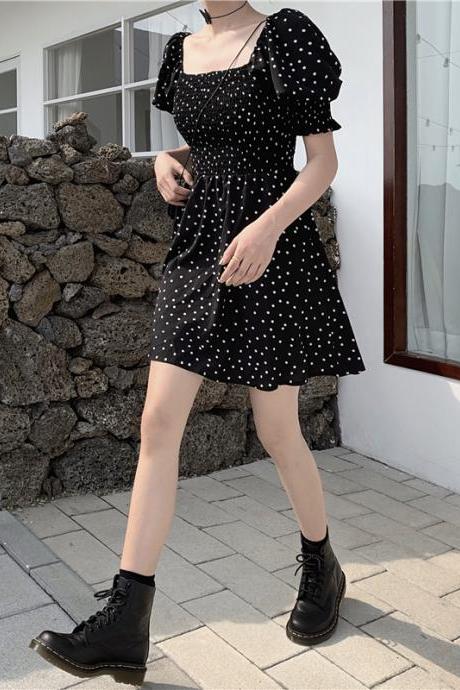 Black Polka Dot Print A Line Summer Dress