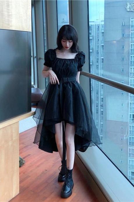 Black Vintage Style Short Sleeve Irregular Hem Tulle Dress