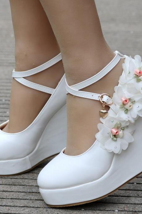 White Floral Lace Wedge Shoes