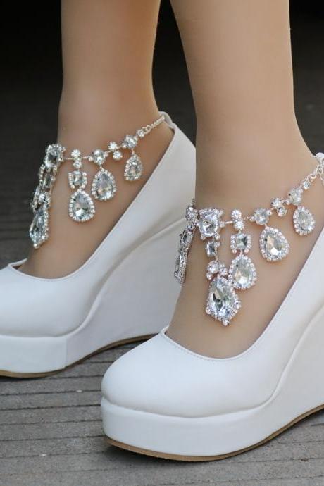 Elegant Crystals Ankle Strap White Wedge Fashion Shoes