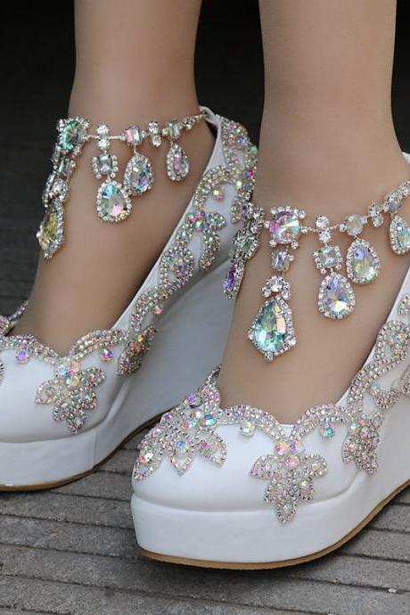 Crystal Rhinestones White Party and Wedding Wedge Shoes