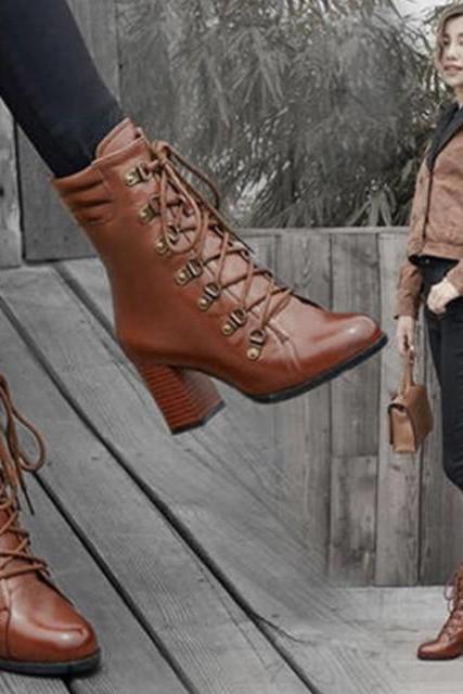 Brown and Black Casual PU Leather Ankle Boots