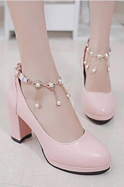 Gorgeous Pink Black and White Pearl Ankle Strap High Heels Shoes