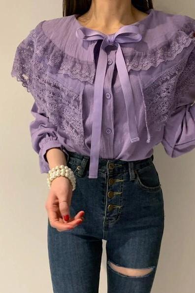 Lace Ruffles Bow Patchwork Long Sleeve Purple And White Blouse