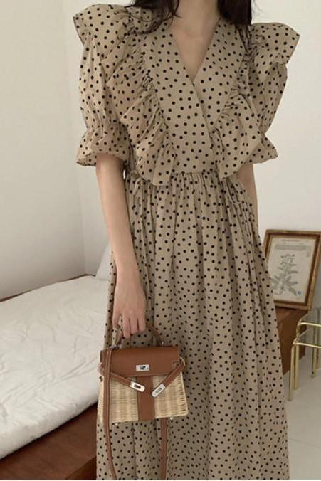 Vintage Puff Sleeve Elegant Dot Print Chiffon Dress
