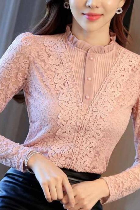 Black and Pink Long Sleeve Lace Blouse