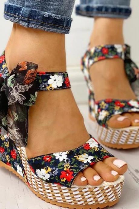 Beautiful Floral Bow Wedge Sandals