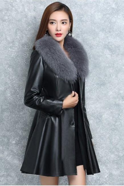 Winter Women Elegant Faux Fur Black Leather Coat