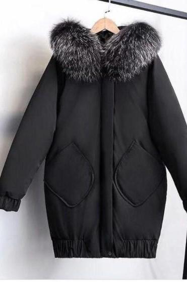 Black Hooded Faux Fur Wind Breaker Long Coat