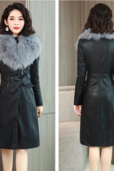 Classy Faux Fur Collar Leather Women&amp;#039;s Winter Coat