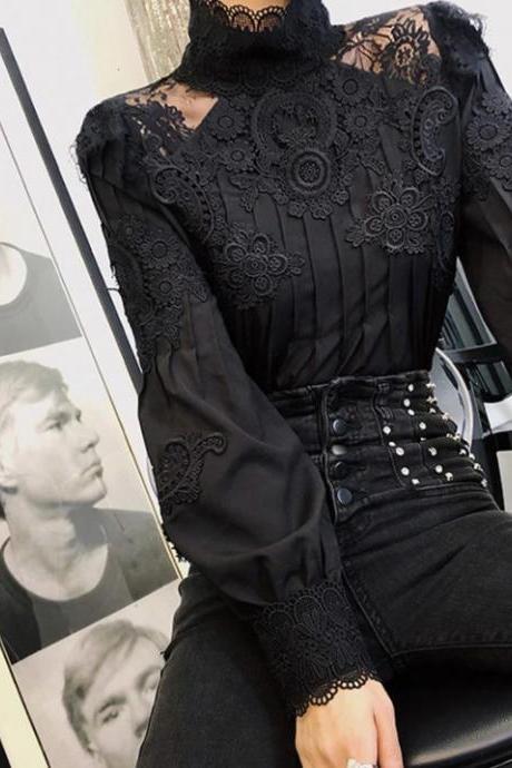 Elegant Lace Long Sleeve Chic Blouse in Black and White