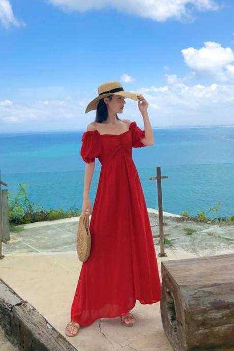  Vintage Women High-waisted Red Maxi Dress 