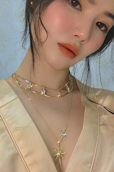 Elegant Crystal Stars Choker Layered Charmed Necklace