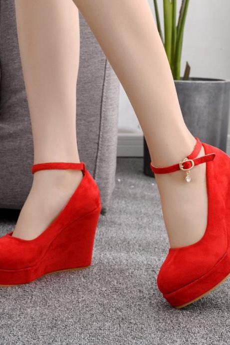 Red and Black Ankle Strap Wedges