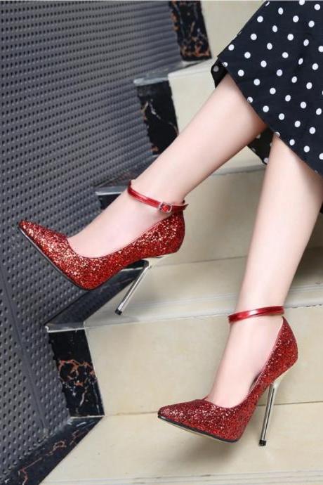 Chic Bling Ankle Strap Pointed High Heels Shoes