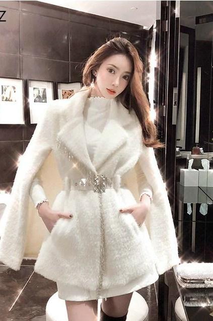 Elegant White Belted Winter Coat