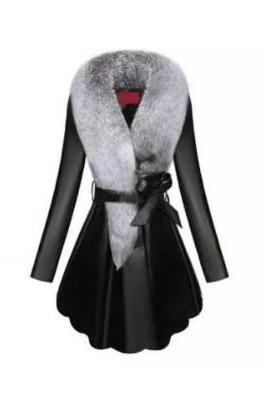 Elegant Detachable Faux Fur Collar Women&amp;#039;s Pu Leather Winter Coat