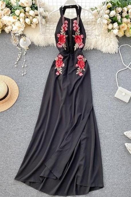 Halter Openb Back Floral Embroidery Black Party Dress