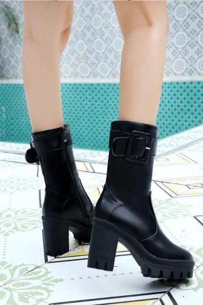 Buckle Design Side Zip High Heels Women&amp;#039;s Boots