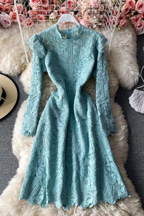 Vintage Solid A-line Stand Collar Long Sleeve Lace Dress